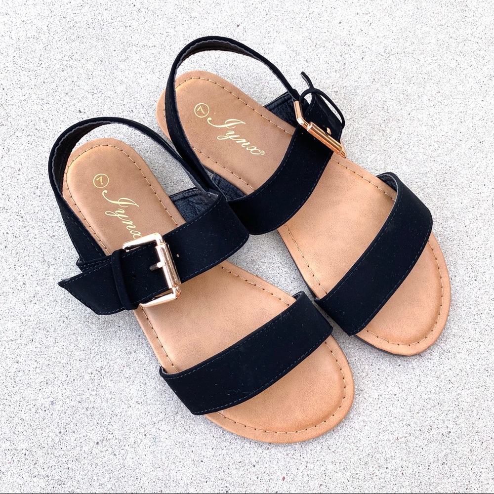 New Black Ankle Strap Vegan Suede Sandals WIDE